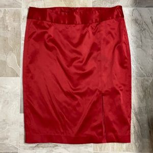 Red satin pleated mini skirt